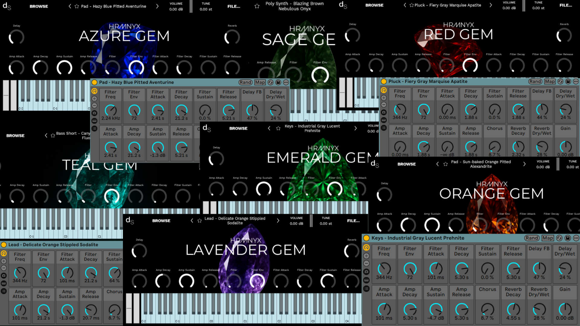 A collage showing HRMNYX instruments running in Ableton Live and the Decent Sampler plugin.